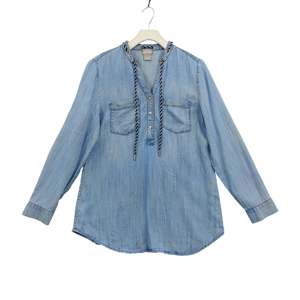 Chicos Womens Coastal Nautical Preppy Tencel Blouse 0 S Blue Chambray Snap Tunic